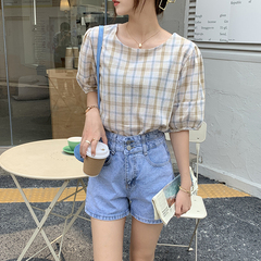 Real shot spring and summer Korean new design loose and versatile Bubble Sleeve Plaid Shirt real price