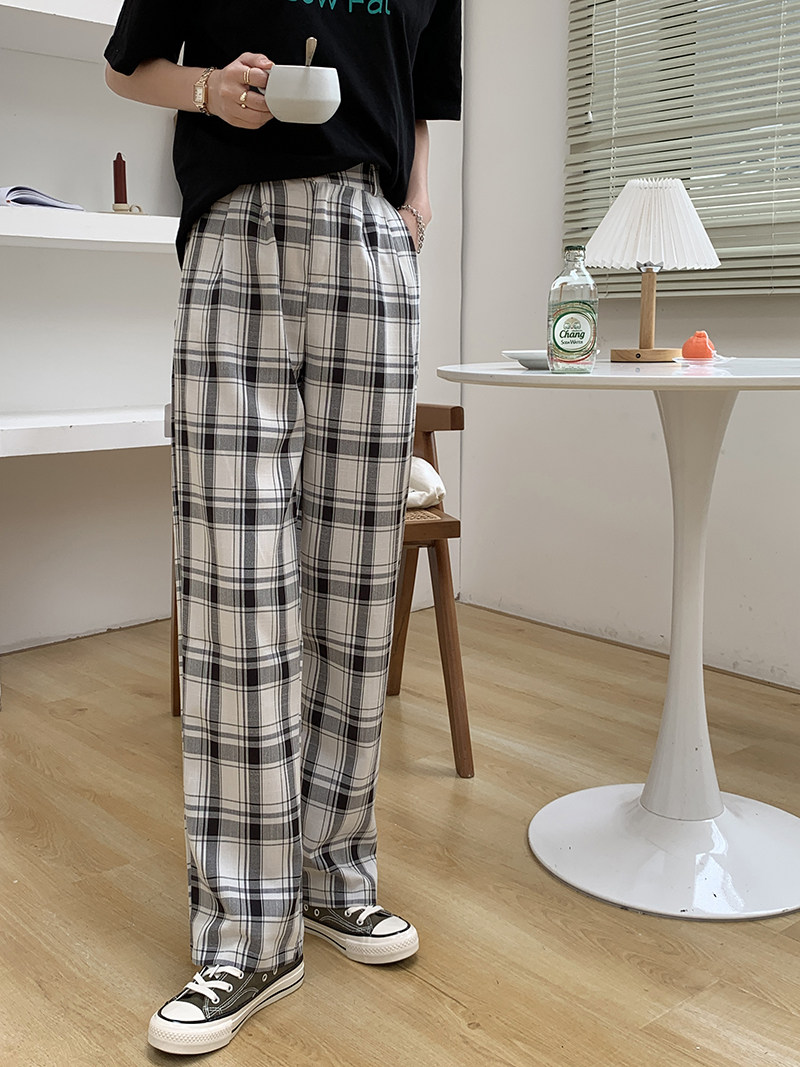 Real shot spring and summer Korean new high waist slim elastic waist leisure lattice wide leg pants real price
