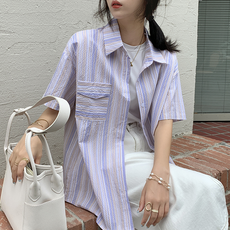 Real shooting summer Korean new loose and versatile striped shirt Casual Short Sleeve Shirt real price