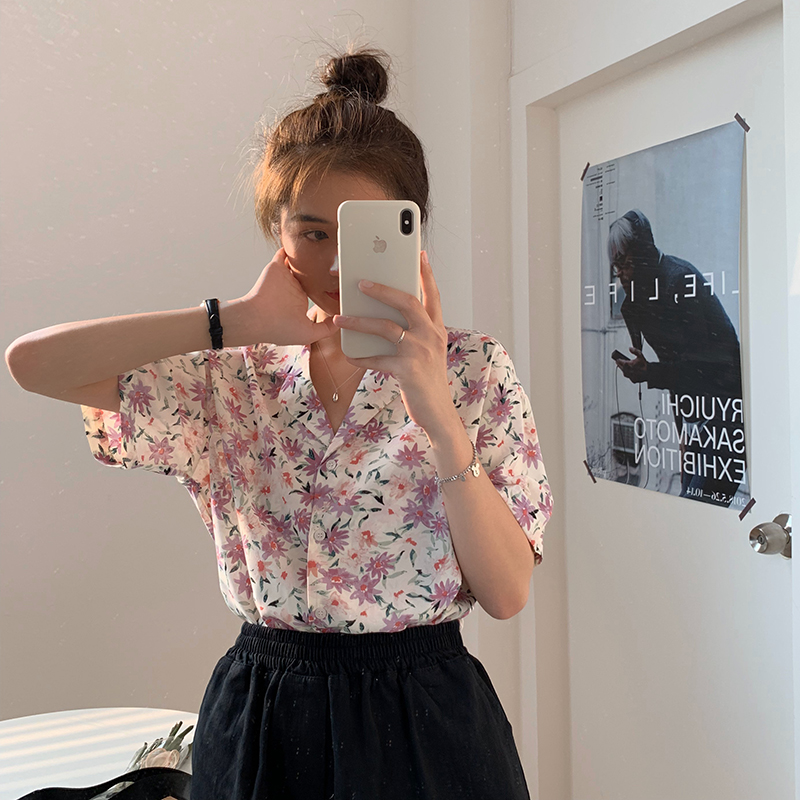 Real shot summer Korean Short Sleeve floral shirt with versatile suit collar