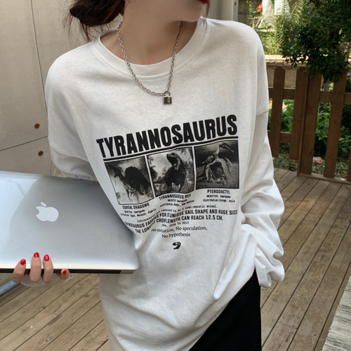 Real shot 2021 Autumn New Vintage printed white round neck long sleeve T-shirt base shirt real price