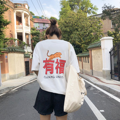 實拍春夏新款韓版前後印花寬鬆顯瘦圓領短袖恤女實價