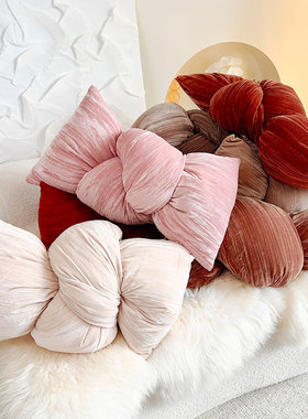 丝绒蝴蝶结扭扭条异形抱枕沙发客厅轻奢红色装饰棕色创意腰靠垫枕