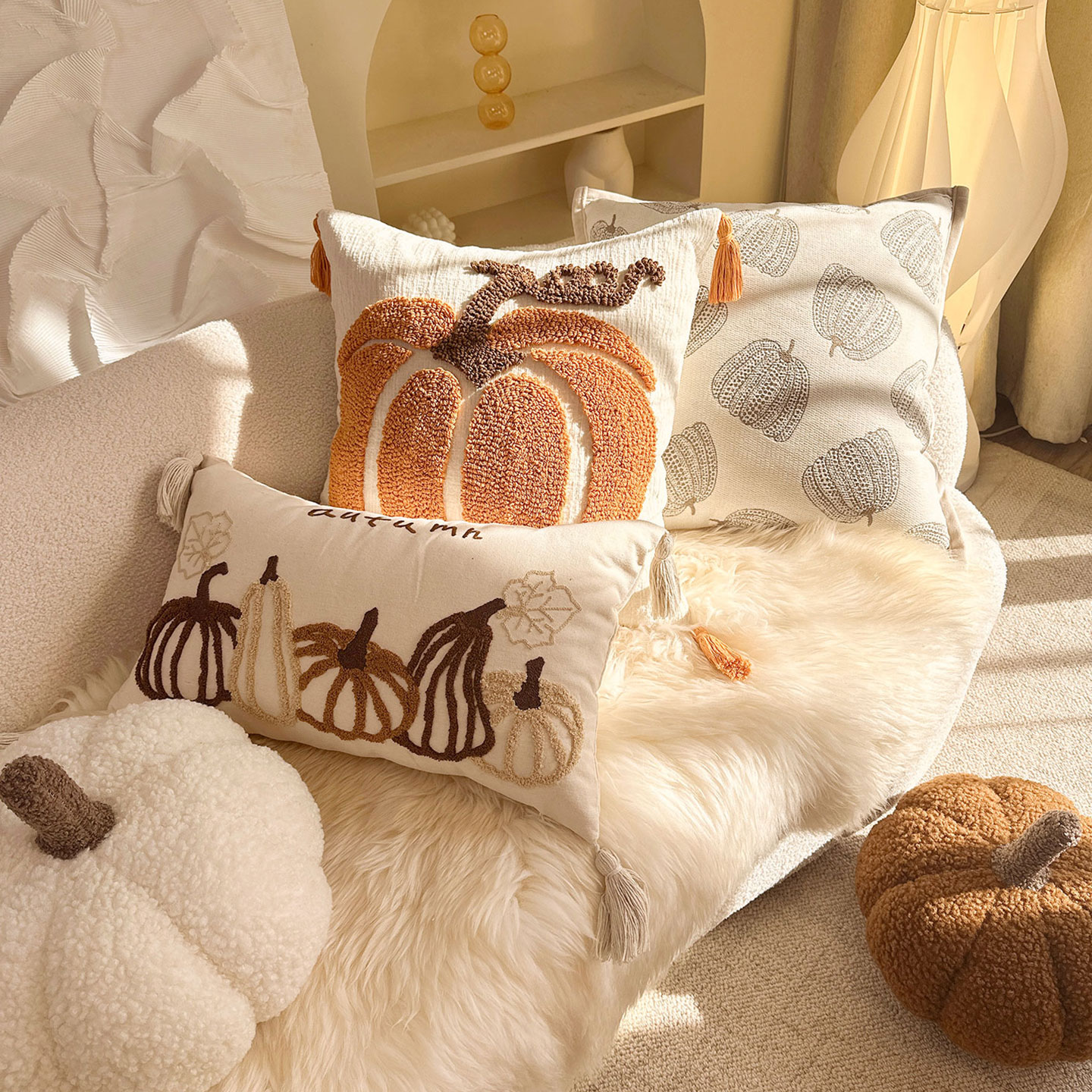 中古奶油色南瓜美拉德复古抱枕套