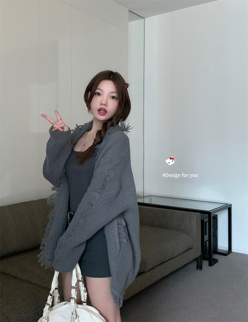 CC639-P63 Gestrickter Pullover für Damen mit einer lockeren und eleganten grauen Strickjacke mit langen Ärmeln_voghion.com