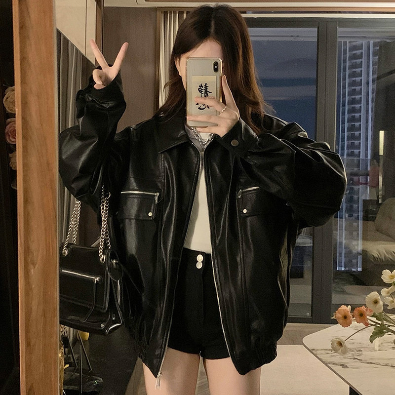 CC683-P96硬核辣妹黑色复古廓形翻领机车夹克皮衣外套秋季新款,男装夹克,星座1611A-1