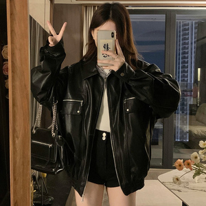 CC683-P96硬核辣妹黑色复古廓形翻领机车夹克皮衣外套秋季新款图片