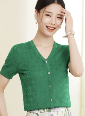 文浩丝华天丝夏款服装亲肤针织衫上衣V领短袖气质百搭305621