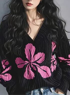 女装2025新款春装黑色v领印花宽松上衣女今年流行超好看漂亮衬衫