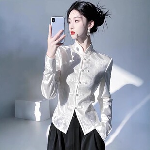 今年流行的女装上衣气质收腰盘扣衬衣新中式国风白色长袖缎面衬衫