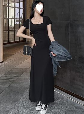 有气质高端连衣裙高个子方领垂感a字裙黑色莫代尔超长连衣裙