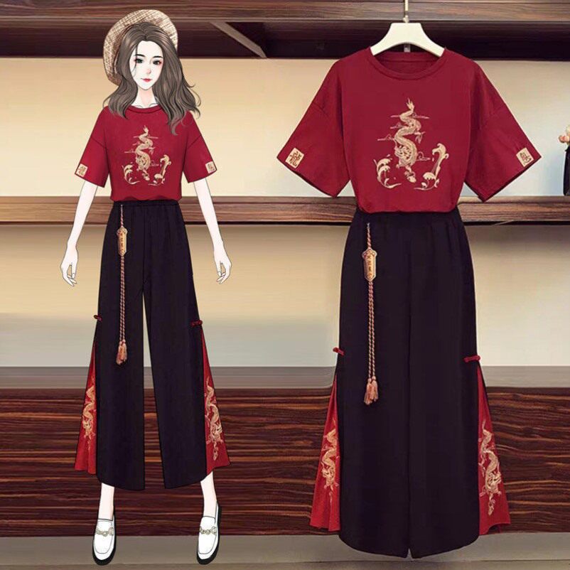 女士早秋上衣胖妹妹改良汉服中国风阔腿裤T恤遮肉大码女装两件套