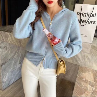 白色卫衣双拉链连帽女秋冬新款温柔风显瘦减龄气质短款针织开衫