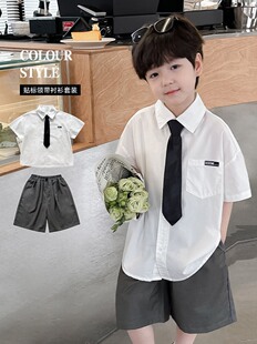 儿童长袖t恤薄款夏季韩版男童衬衫短裤洋气领带翻领贴标男童套装