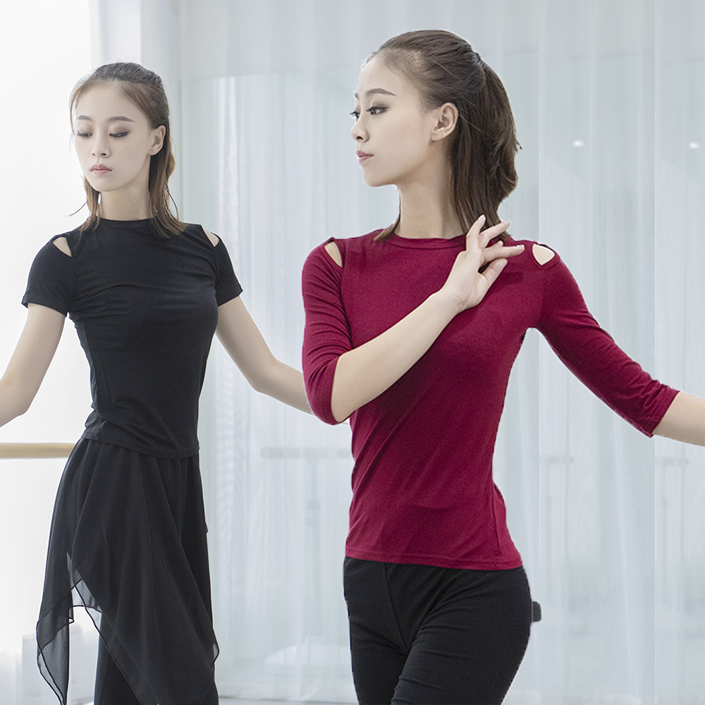 女夏显瘦紧身中袖上衣现代长袖小领露香肩服装短袖形体T恤舞蹈服 运动/瑜伽/健身/球迷用品 健美操上装 原图主图