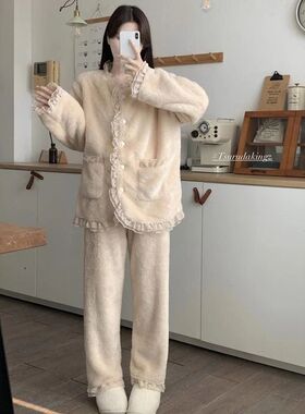 珊瑚绒睡衣女冬公主风甜美蕾丝花边长袖宽松保暖法兰绒家居服套装