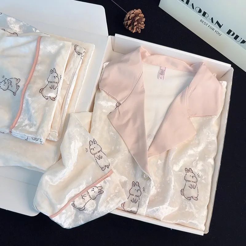 睡衣女秋冬长袖高档呆萌兔子开衫宽松家居服春秋金丝绒可外穿套装