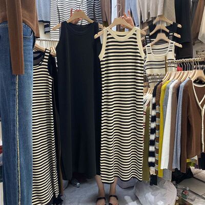 夏季睡裙女条纹吊带背心睡衣无袖宽松大码胖mm可外穿打底开叉长裙