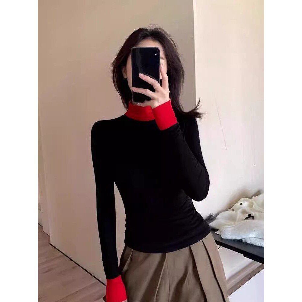 美式拼色高领修身长袖T恤女秋冬T恤
