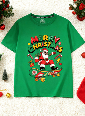 2026年圣诞老人新款短袖T恤圣诞节潮流衣服红色绿色大码Christmas