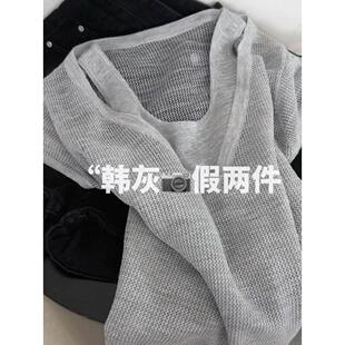 好慵懒高级~韩系风假两件V领针织短袖t恤女夏季薄款镂空吊带上衣