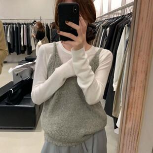 法式慵懒风v领吊带背心女秋季叠穿修身长袖针织打底衫两件套上衣