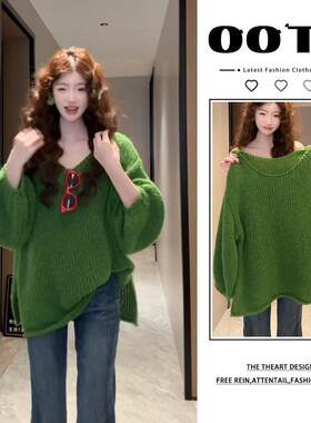 网红同款秋冬复古绿色毛衣女