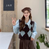 衬衫 马甲两件套复古菱形格针织背心外套女小个子春秋毛衣外搭叠穿