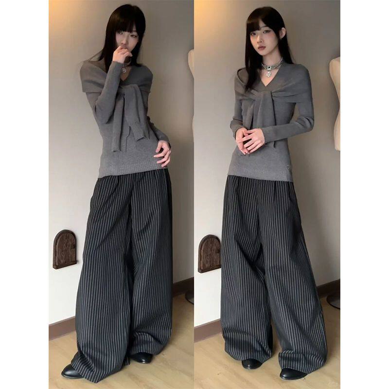 套装女2026春季款韩系新款系带领设计感针织毛衣条纹阔腿裤两件套 - 实物图