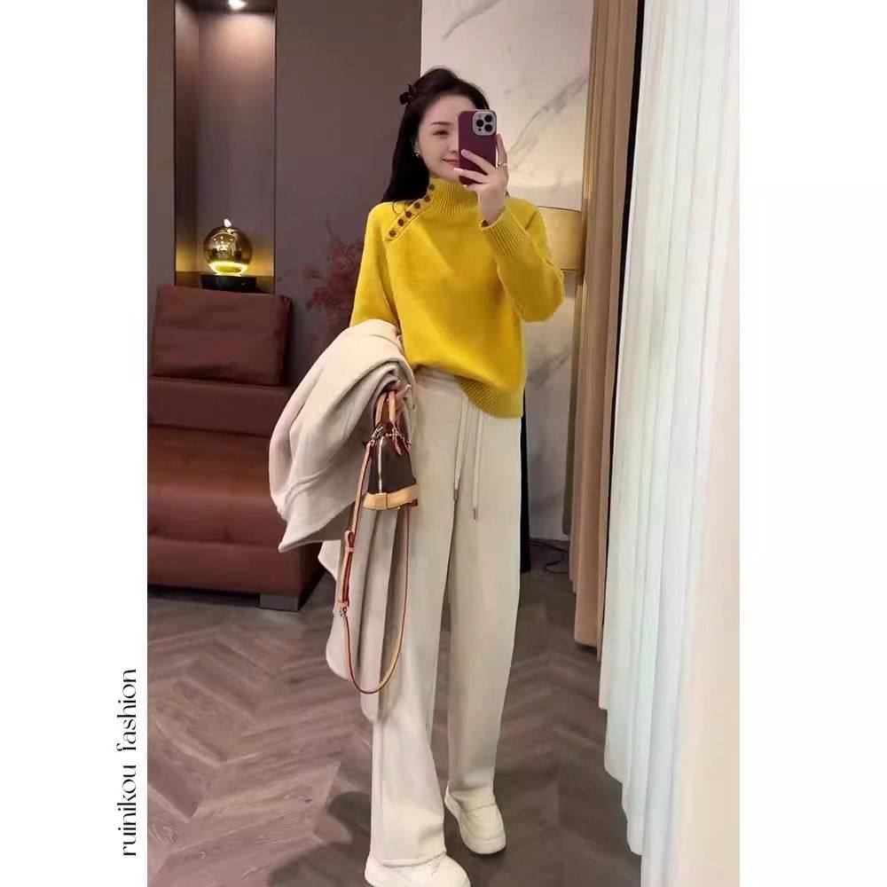 秋冬装搭配一整套高级感时尚半高领毛衣高腰休闲阔腿裤气质两件套,女装/女士精品,时尚套装,淘宝优惠券,粉丝福利购,淘宝优惠卷