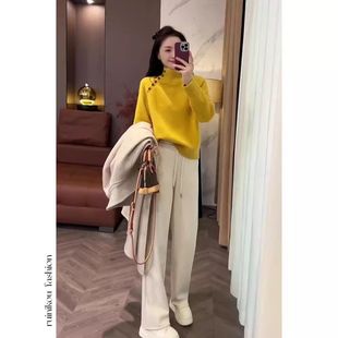 秋冬装搭配一整套高级感时尚半高领毛衣高腰休闲阔腿裤气质两件套