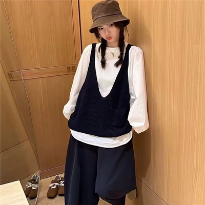 复古V领显瘦针织马甲背心两件套