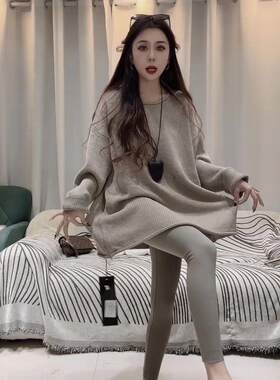 长袖中长款卷边圆领毛衣裙女