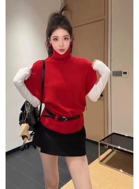 红色高领毛衣马甲女秋冬