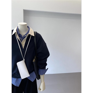 设计感时尚polo领叠穿卫衣女法式复古翻领格子长袖衬衫单件/套装