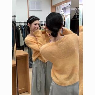 秋季韩系新款宽松慵懒风橘黄色圆领针织开衫外套百搭毛衣上衣女