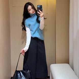 蓝色高领针织马甲背心女秋季韩系慵懒休闲打底衫上衣时尚两件套潮
