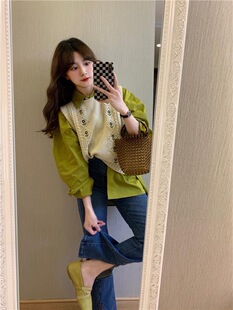 复古提花外搭针织马甲+芥末绿长袖衬衫女春秋2025新款时尚两件套