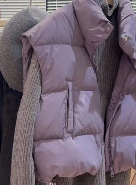 紫色立领棉服马甲女短款冬季韩版宽松面包服外套搭高领毛衣两件套