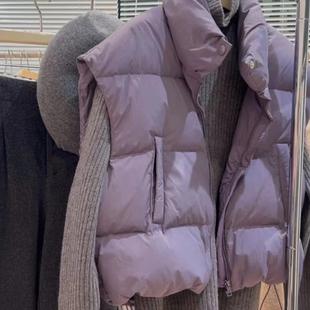 紫色立领棉服马甲女短款冬季韩版宽松面包服外套搭高领毛衣两件套