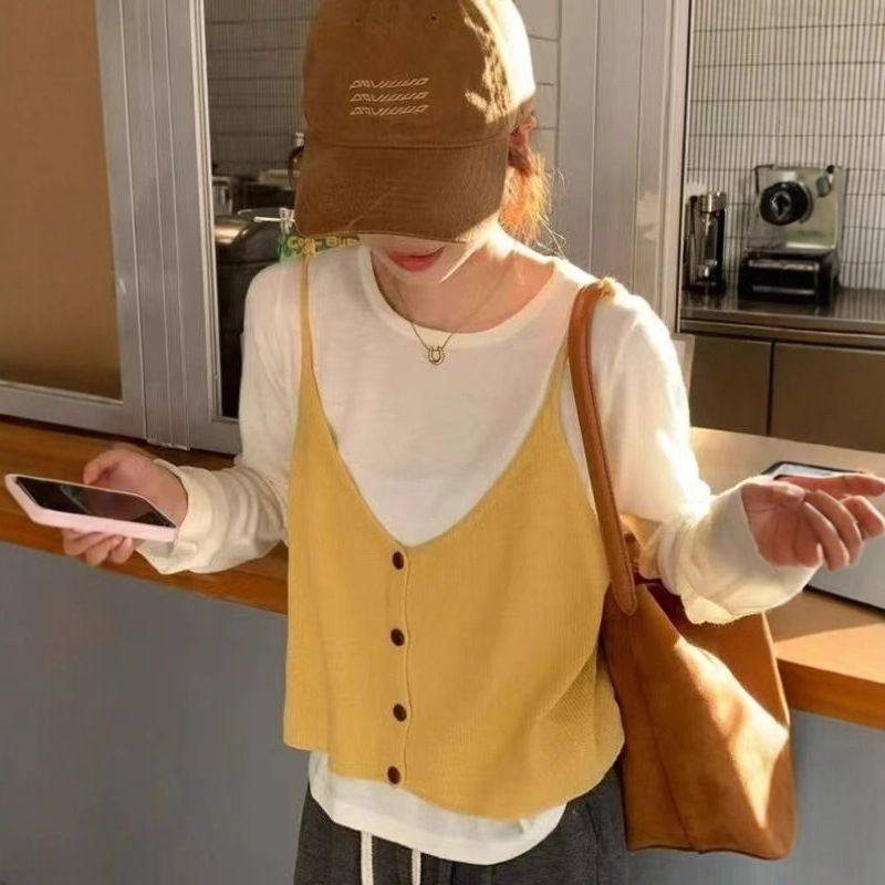 韩系穿搭两件套叠穿小清新针织吊带背心慵懒风简约打底衫上衣ins