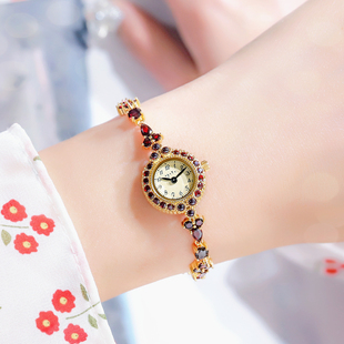 日系复古天然石榴石agete手链小金表手表女士日本ins风小巧流苏表
