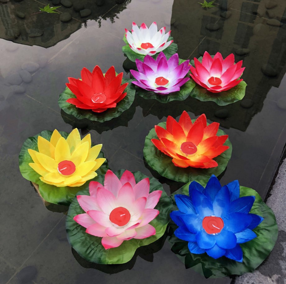 红色仿真蜡烛荷花水灯莲花灯 许愿祈福灯摆放法会供水灯 假荷花灯