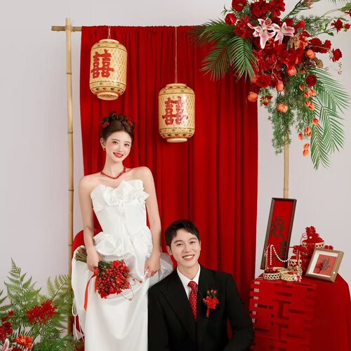 新中式摄影道具灯笼拍摄喜嫁风喇叭婚纱照背景布长喜字手捧花插花