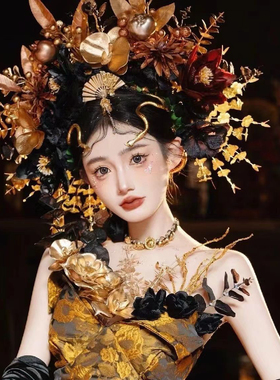 成人簪花暗黑系新款马面裙写真黑色金色泉州浔埔仿真花簪花头饰