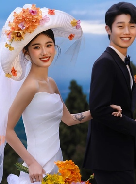 原创新品浪漫婚纱照橘色花白色礼帽连纱外景出片旅拍造型帽子女