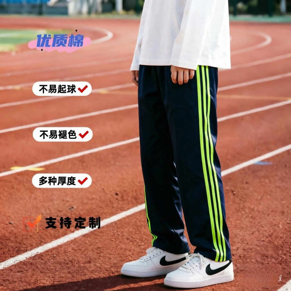 定制藏青全棉春夏果绿杠中小学生成人男女运动宽松高腰校服运动裤