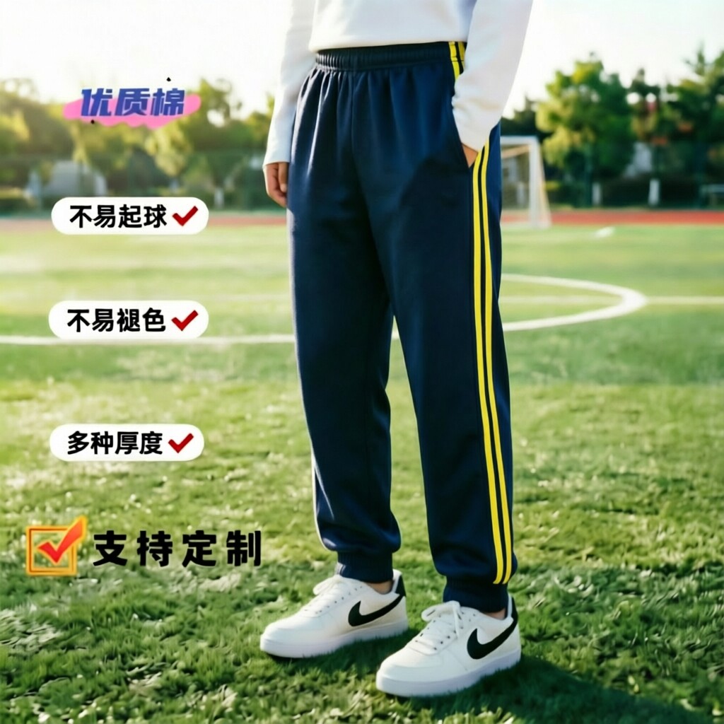 定制全棉春夏秋季藏青色毛圈黄色双杠收口男女学生运动裤宽松长裤