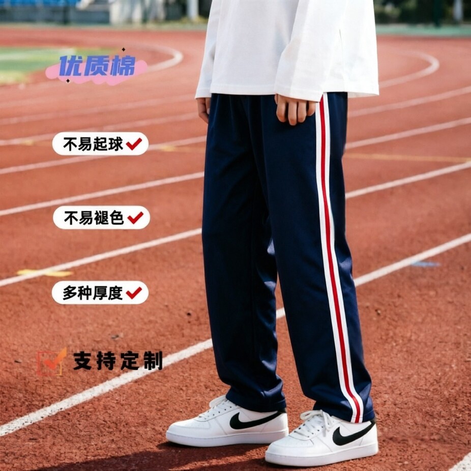 学生校裤长裤春夏秋季全棉运动裤男女透气深蓝色白红边中性大码装
