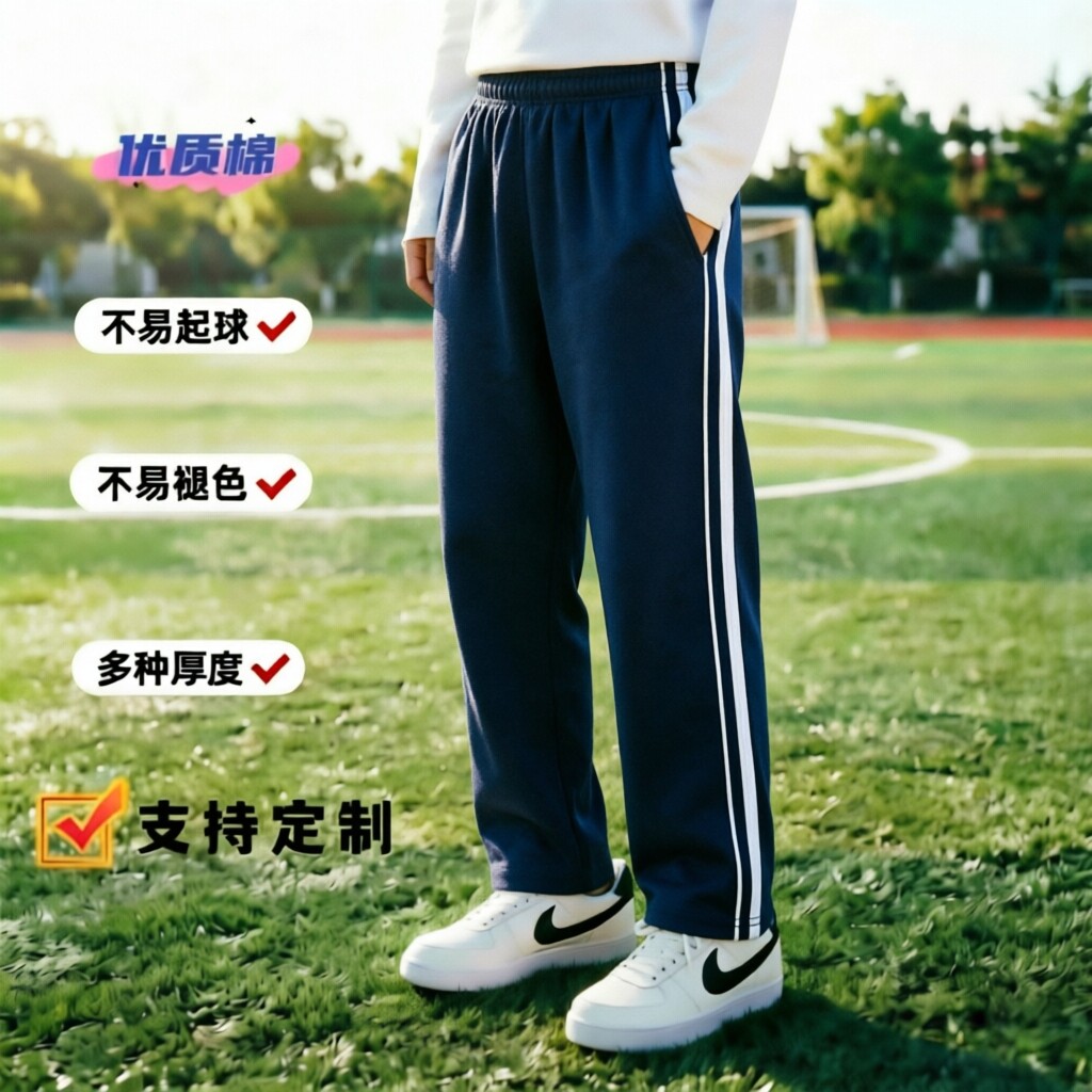 春夏秋薄款藏青全棉运动裤白色粗细条杠男女直筒中小学生校裤宽松